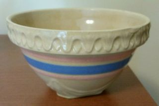 Vintage Mccoy Yellow Ware Kitchen Bowl - Pink/blue Stripes - Piecrust Rim