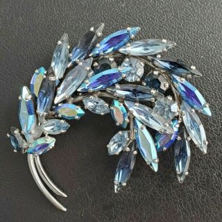Signed Sherman Vintage Sapphire Topaz Blue Rhinestone Ab Flower Brooch Pin Q174