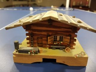 Vintage Wooden Swiss Chalet Wood Cabin Music Box Hand Made In Switzerland