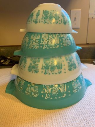 Vintage Pyrex Amish Butterprint Turq Nesting Cinderella 4 Pc Mixing Bowls