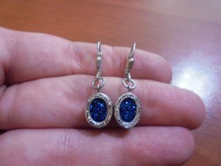 Vtg Sterling Silver Oval Blue Druzy Dangle Lever Back Hook Earrings 2.  9 Grams