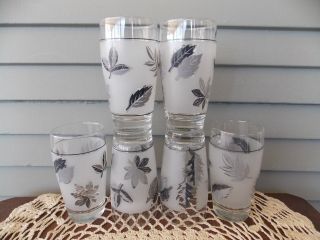 Set Of 6 Vintage Libbey Glass Silver Gray Leaf Frosted Drinking Tumblers 5 1/4 "