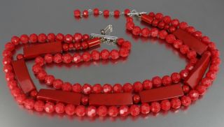 Vintage 50’s Multi 3 Strand Red Plastic Lucite Bead Necklace