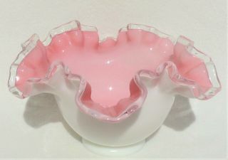 Vtg 7 " Fenton Pink White Clear Cased Art Glass Ruffled Candy Bowl Dish 3709