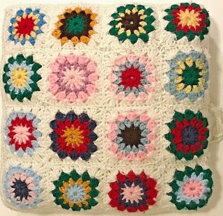 Vintage Handmade Granny Square Crochet Pillow Retro White Pink Green Flowers