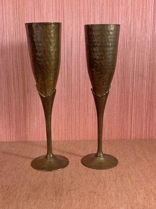 Vintage Champagne Flutes Set Of 2 Hammered Brass Wine Goblets Drinking Glasses