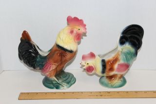 Vintage Pair Ceramic Pottery Rooster & Hen Chicken Figure Planters; Great Colors