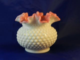 Vintage Fenton Hobnail Milk Glass Ruffled Edge Rose Bowl Vase Cranberry Pink