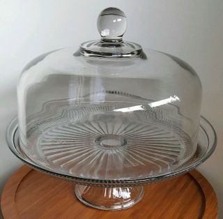 Vintage Clear Glass Sunburst Pedestal Cake Plate Stand 12 " & Dome 10.  25 "