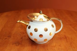 Vintage Hall China 0698 Gold Label 6 Cup White Polka Dot Windshield Teapot & Lid