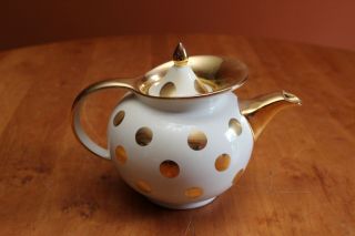 Vintage Hall China 0698 Gold Label 6 Cup White Polka Dot Windshield Teapot & Lid 3
