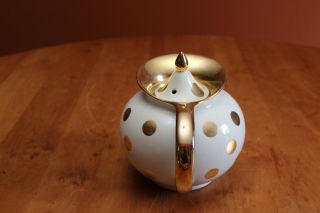 Vintage Hall China 0698 Gold Label 6 Cup White Polka Dot Windshield Teapot & Lid 4