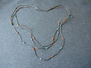 Vintage Native American Dyed Wooden? & Liquid Silver Beads 3 Strands Necklace