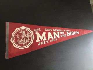 Vintage 1969 First Man On The Moon Felt Pennant Flag Nasa Cape Kennedy,  Fl
