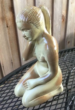 Vintage Frankoma Pottery,  Rare Nude Ponytail Girl,  Brown Green Glaze
