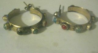 Vtg Mexico 925 Sterlng Silver Pierced Earrings With Turquoise,  Onyx And Coral