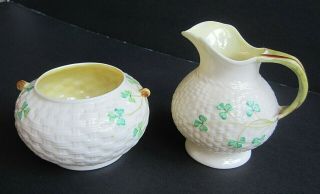 Vintage Irish Belleek Porcelain Creamer & Sugar Bowl,  Shamrock