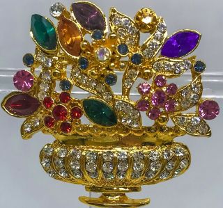 High End Vintage Jewelry Crystal Flower Basket Brooch Pin Rhinestone Signed Otc