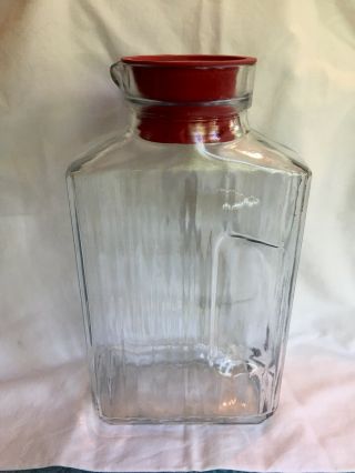 Anchor Hocking Vintage 10” Glass Refrigerator Bottle W/ Red Top.  Ribbed 2 Qt.