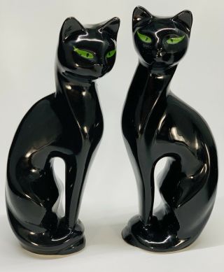 Matching Pair Vintage Mid Century Black Cat Sculpture Statue Modern Mcm