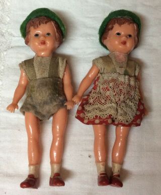 Two 4” All Celluloid Jointed Vintage Dollhouse Dolls Norwegian