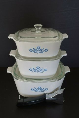 Set Of 3 Vintage Corning Blue Cornflower Casseroles W/lids & Handle Ec Usa 1950s