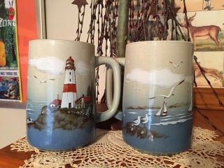 (2) Exc Vintage Otagiri Mug Coffee Tea Cup Lighthouse Ocean Seagulls Pottery