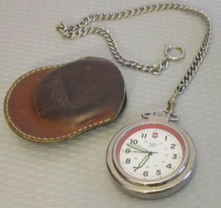 Vtg Swiss Army Pocket Watch Leather Case & Chain Not Running/needs Battery