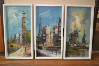 3 Vintage Oil Paintings Of Landscape Scenes By A Canal City Scape