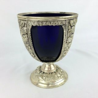 Vintage Cobalt Blue Glass & Silvertone Metal Chalice Goblet Marked P.  N.  C.  W.  Usa