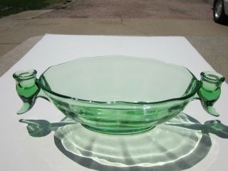 Vtg Large Green Elegant Glass Oval Bowl With Candle Holders On Ends