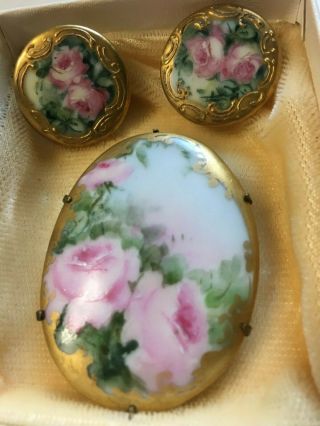 Old Vintage Painted Pink Roses Porcelain Brass Brooch W Cuff Buttons Gilt Border