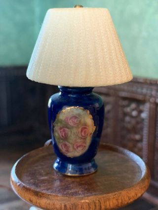Artisan Vintage Miniature Dollhouse Porcelain Painted Roses Lamp Silk Shade
