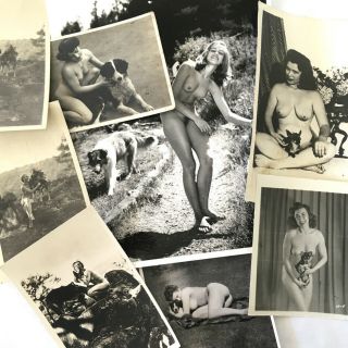 Risque Set Of 8 Vintage Photos Nude Women & Dogs,  Ed Lange Stamped Nudist Camp