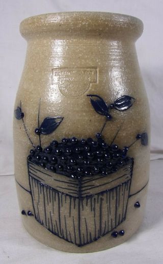 Vintage 1993 Salmon Falls Salt Glazed Stoneware Crock Vase Blueberry Vine Dover