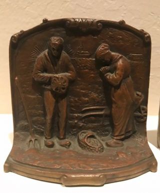 Antique Vintage - SOLID BRONZE - BOOKENDS - Couple Giving Thanks - Book Ends 2 2