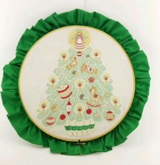 Vtg Finished Crewel Christmas Tree Crossstitch Framed Embroidery Hoop Ruffle 16 "
