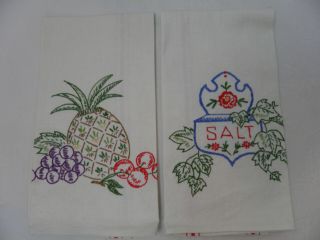 2 Vintage Hand Embroidered Kitchen Towels - Salt And Fruit Motif