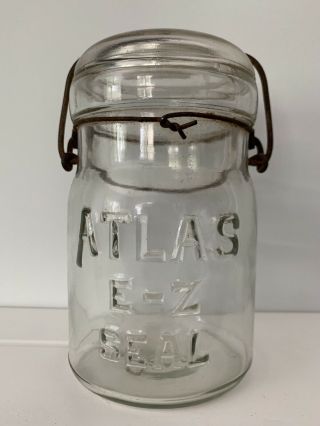 Vintage Atlas E - Z Seal Canning Jar With Glass Lid And Wire Bail Closure
