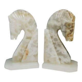 Mid Century Vintage Alabaster Marble Horse Head Bookends