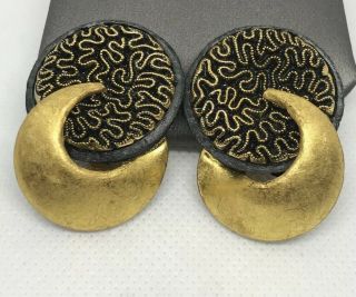 Fabrice Paris Vintage Gold Tone Overlapping Round Black Resin Clip Earrings 80s