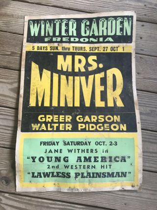 Vintage Cardboard Poster Winter Garden Fredonia Ny Mrs.  Miniver Theatre Play