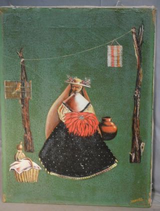 Vintage Modern Mexican Folk Art Painting Winter Goddess Poinsettia Lady Samuel