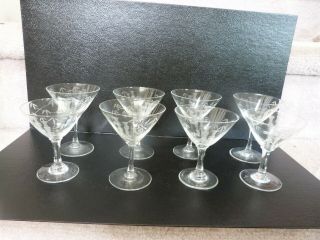 8 Vintage 1950s Etched Noritake Sasaki Bamboo Crystal Small Martini Glasses 2oz