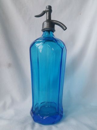 Vintage 10 Sided Blue Seltzer Bottle Etched Made In Czechoslovakia