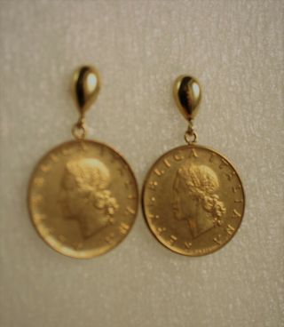 Vintage 14k Milor Italy Repvbblica Italiana L20 Coin Dangle Earrings 8 Grams