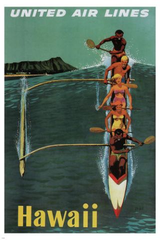 United Air Lines Vintage Travel Poster Hawaii 1950 24x36 Riding The Wave