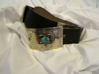 Vintage Old Pawn Navajo Turquoise Coral Concho Buckle Silver Leather Belt