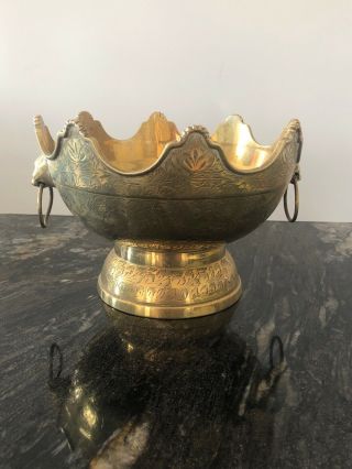 Vintage Solid Brass Indian Pedestal Bowl Large Pot Planter Scalloped Rim 10 "