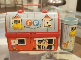Vintage 1962 Fisher Price Miniature Lunch Box Farm Barn 549 W/ Thermos